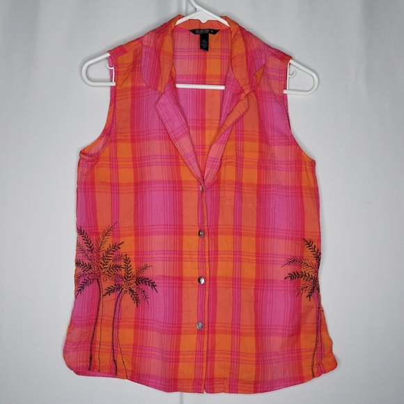 Soma Set Capri Sleeveless Plaid 0 Women Pink Orange Embroidered Tropical Cotton - Picture 3 of 14